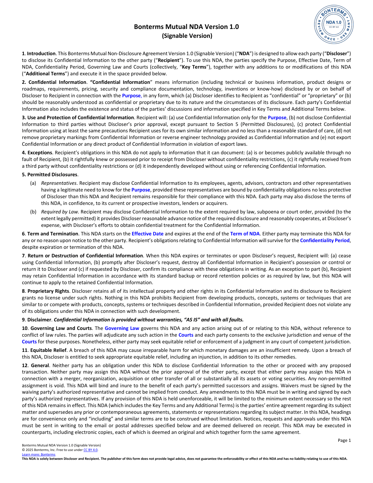 Page 1 of the Bonterms Mutual NDA Version 1.0 Signable Version